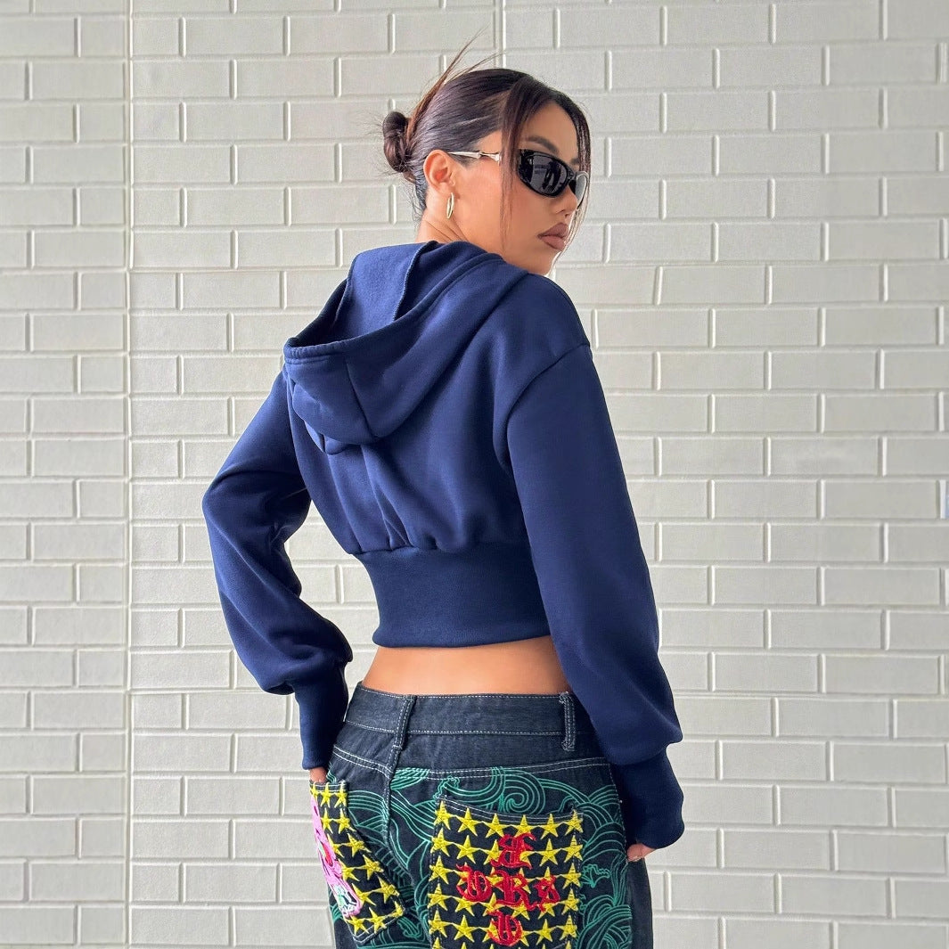 Damen Cropped Kapuzenpullover Reißverschluss Breite Ärmel Anthrazit