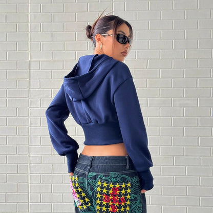Damen Cropped Kapuzenpullover Reißverschluss Breite Ärmel Anthrazit