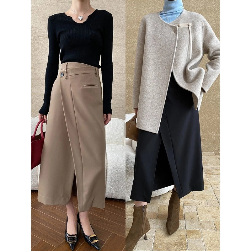 Damen Midirock Überlappendes Design Knopfdetails Eveloria