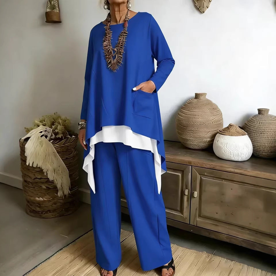 Damen Ensemble Asymmetrisches Oberteil Weite Hose Eveloria