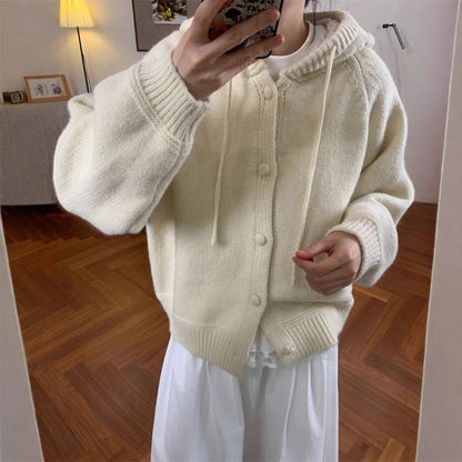 Damen Oversized Cardigan mit Kapuze und Knöpfen Kuschelig Grau
