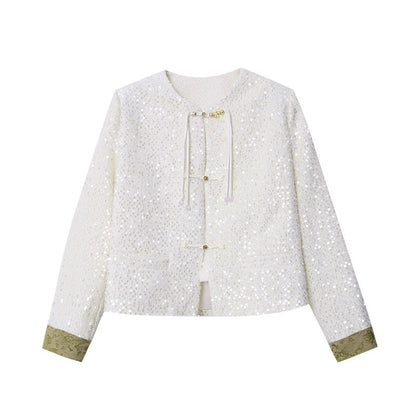 Damen Bouclé-Jacke mit Pailletten und Kontrastärmeln Eveloria