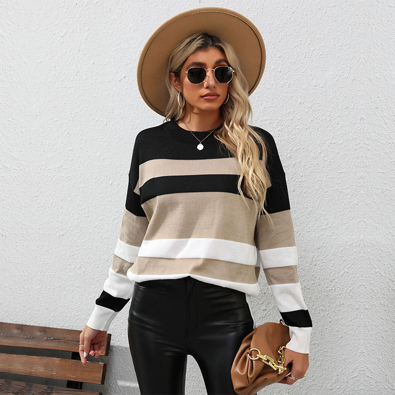 Damen Pullover Gestreift Lässiger Schnitt Kontrastdetails Eveloria - Eveloria