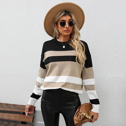 Damen Pullover Gestreift Lässiger Schnitt Kontrastdetails Eveloria - Eveloria