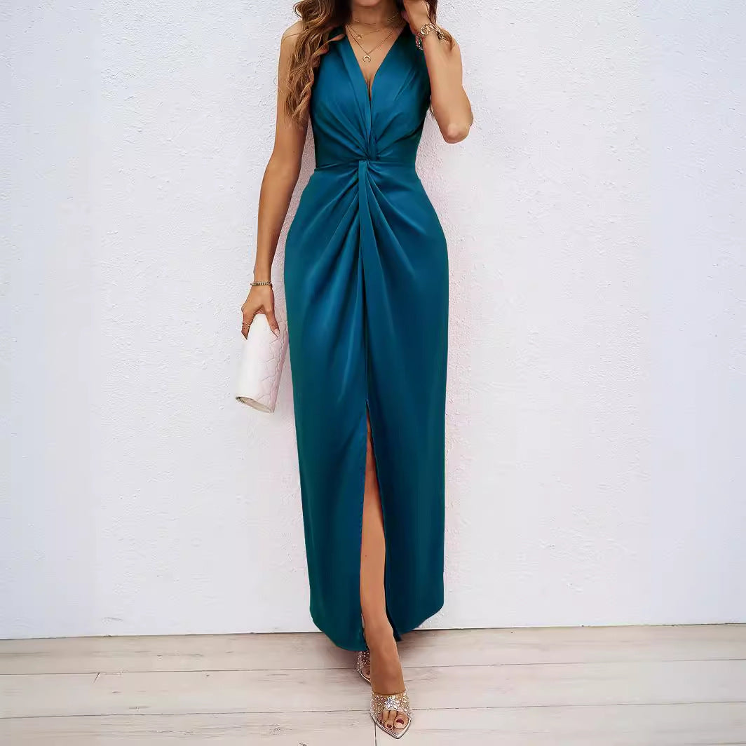 Damen Maxikleid Raffungsausschnitt Seitenschlitz Eveloria