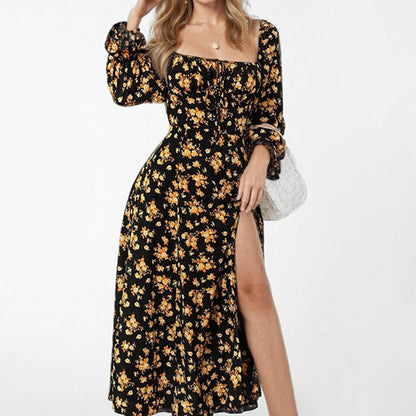 Damen Midi-Kleid Blumenmuster Hochschlitz