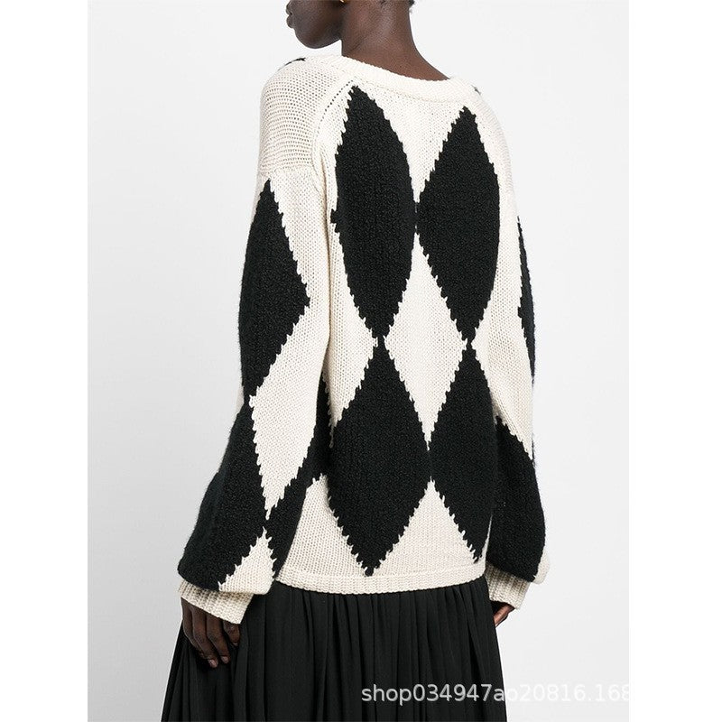 Damen Strickpullover V-Ausschnitt Zickzackmuster