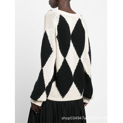 Damen Strickpullover V-Ausschnitt Zickzackmuster