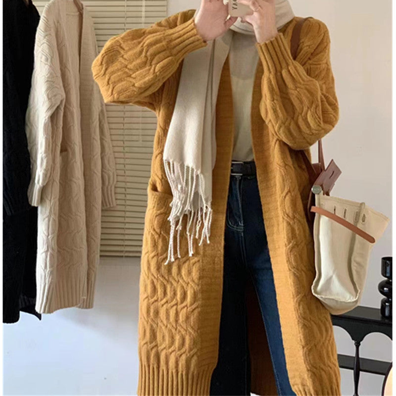 Damen Strickjacke Grobstrick V-Ausschnitt Mit Taschen Beige