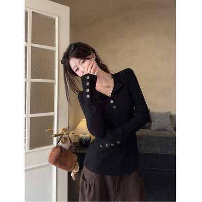Damen Langarmshirt Dekorative Knöpfe Eveloria