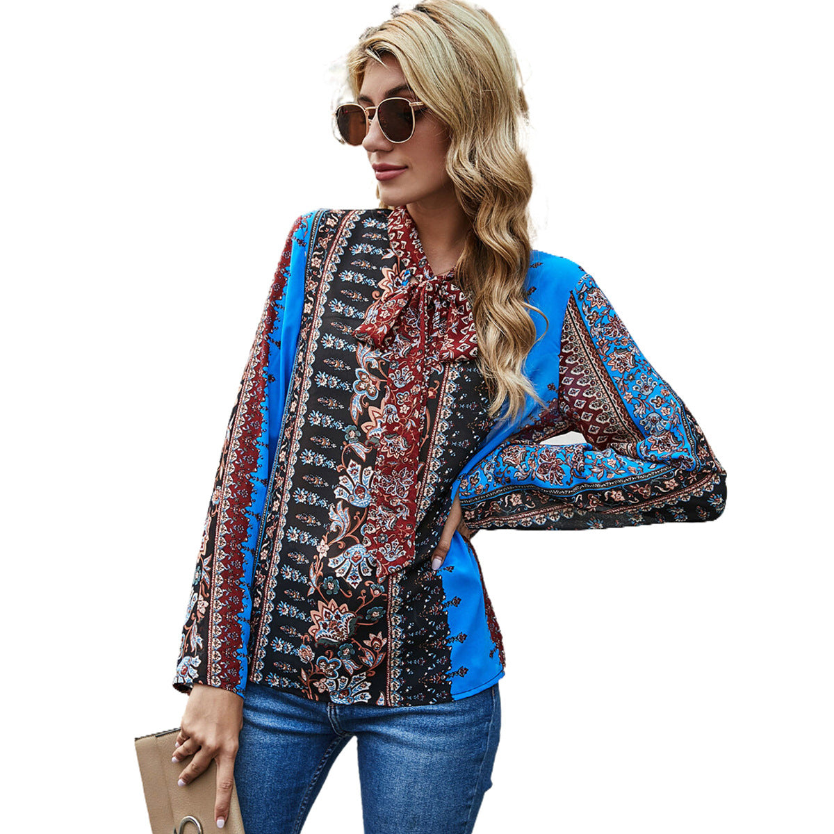 Damen Bluse Rüschendetails Kontrastmuster Eveloria