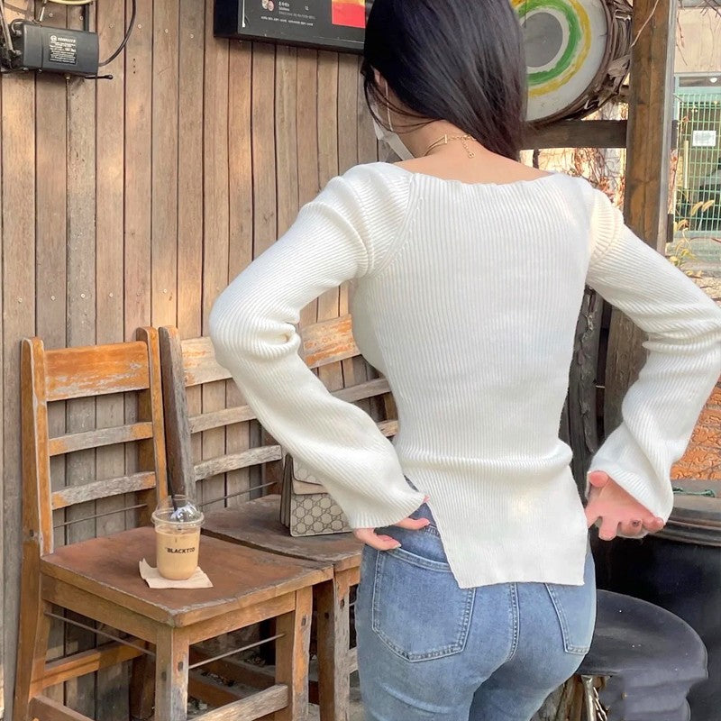 Damen Pullover Herzförmiger Ausschnitt Fein Gestrickt Eveloria