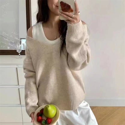 Damen Pullover V-Ausschnitt Offene Schultern Beige