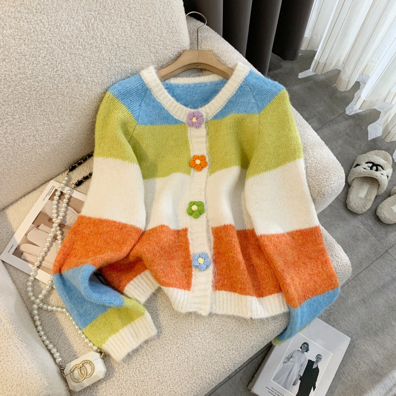 Damen Strickjacke Farbenfroh Lässig Grüne Knöpfe
