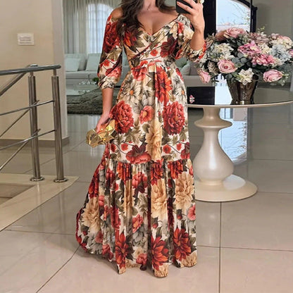 Damen Maxikleid Schulterfrei Rüschensaum Floral