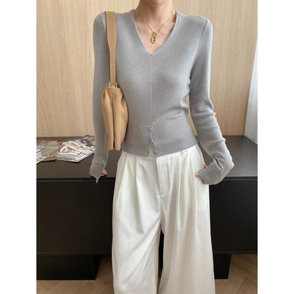 Damen Strickpullover V-Ausschnitt Feinripp mit Knöpfen und schmalen