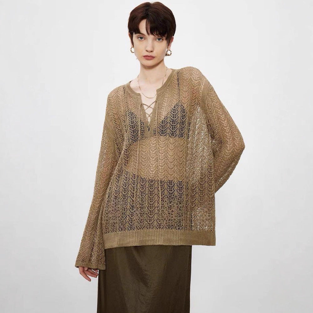 Damen Strickpulli Luftiger Look Raffinierter Auschnitt Beige - Eveloria