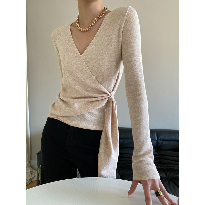 Damen Wickelpullover Weiches Strick V-Ausschnitt Beige