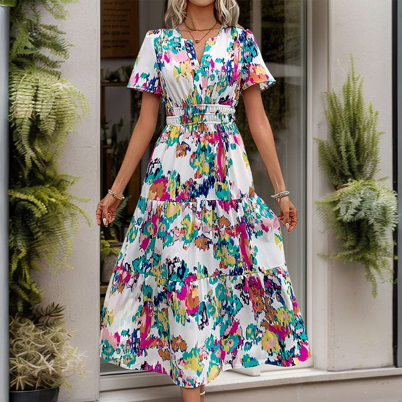 Damen Maxi-Kleid Elastischer Gürtel Verspielt Farben Eveloria - Eveloria