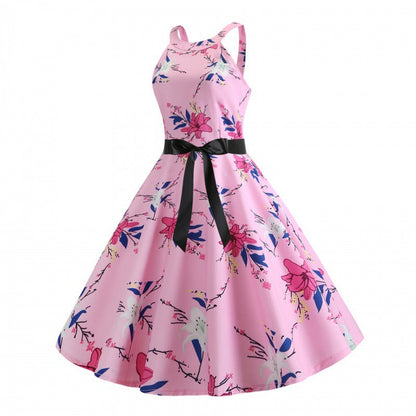 Damen A-Linien Kleid Floralmuster Taillengürtel Eveloria