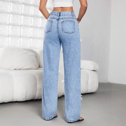 Damen Jeans Weite Fit Dekorative Schleifen Blau