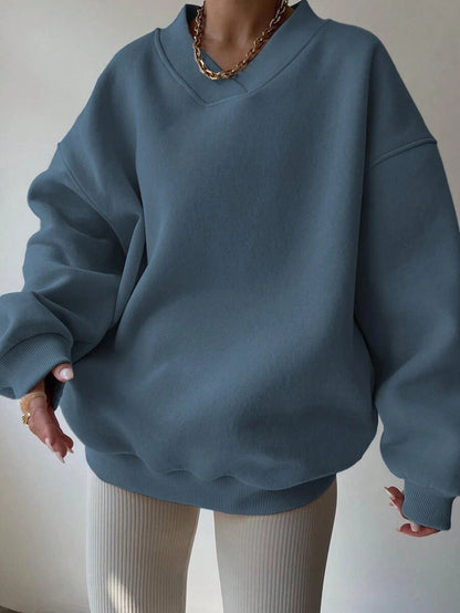 Damen Oversized Sweatshirt V-Ausschnitt Breiter Bund Eveloria