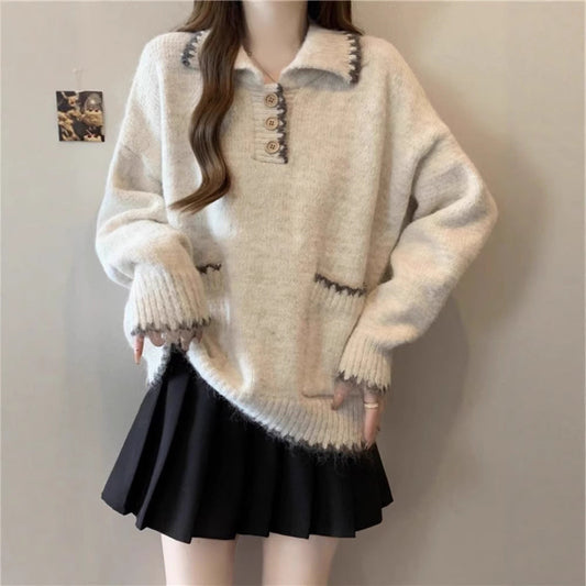 Damen Strickpullover mit Kragen und Knöpfen - Eveloria