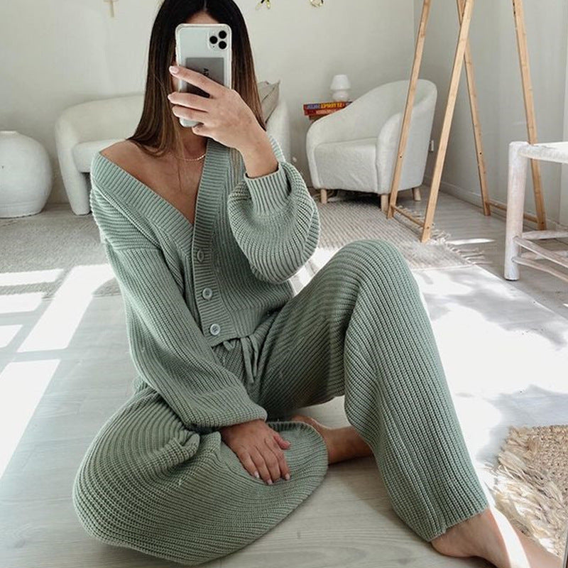 Damen Strick-Loungewear-Set mit Knöpfen und verstellbarem Bund Schwarz - Eveloria
