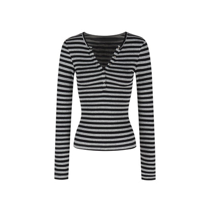 Damen Langarmshirt Modern Streifen Knopfleiste Eveloria