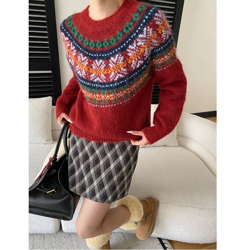 Damen Grobstrickpullover Lebendiges Muster Weite Ärmel