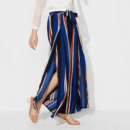 Damen Palazzo-Hose mit Bindegürtel Streifenmuster