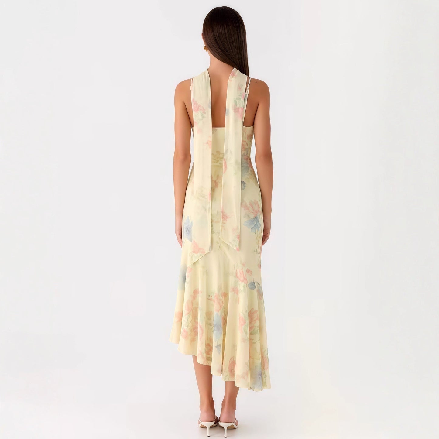 Damen Maxikleid Blumiges Chiffon Neckholder Elegant Blau