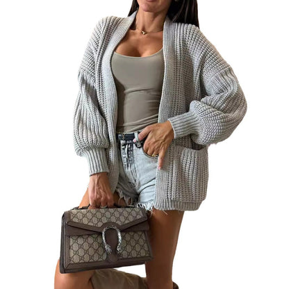 Damen Strickjacke Voluminöse Ärmel Taschen Eveloria