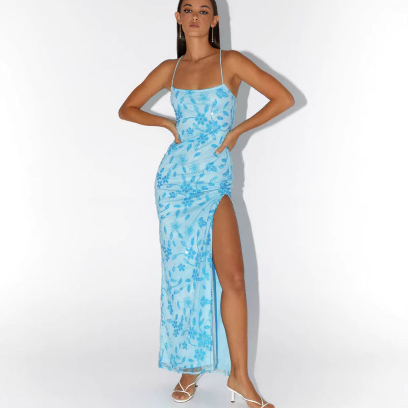 Damen Maxikleid Florales Design Rückenausschnitt Schwarz - Eveloria