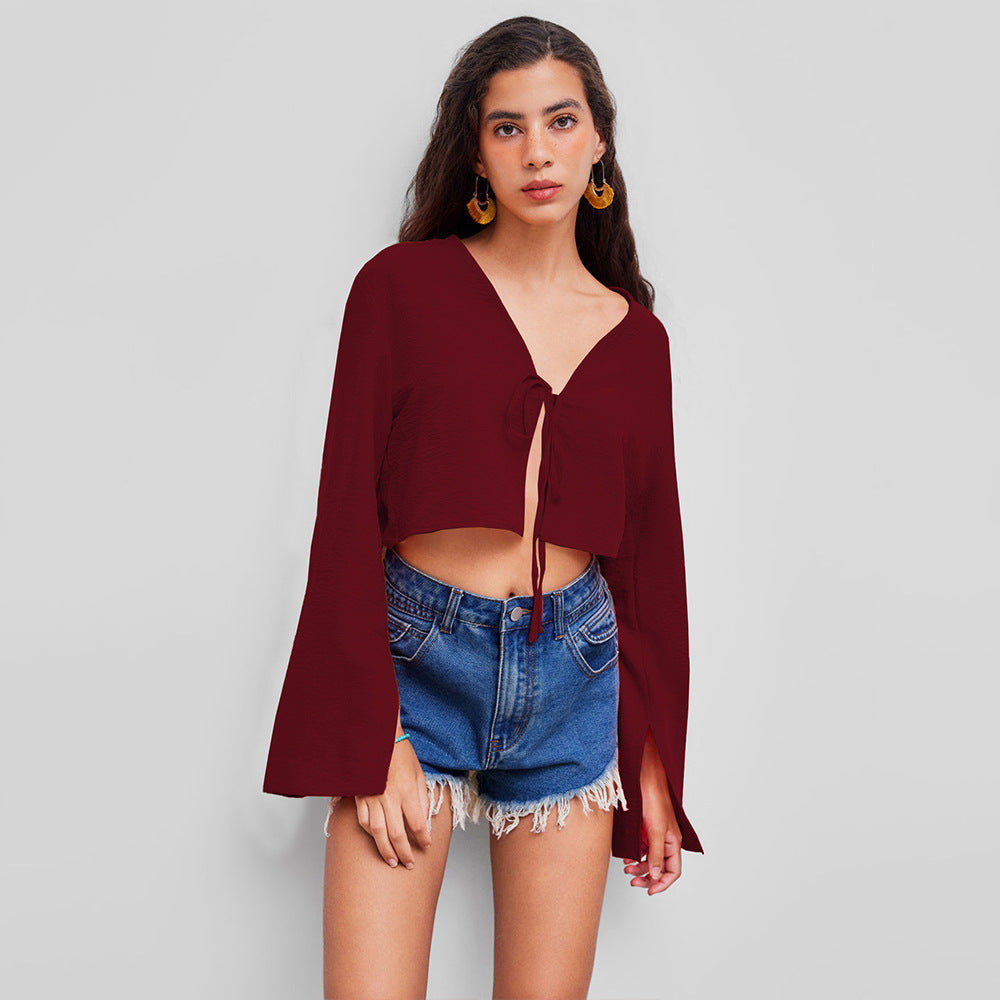 Damen Crop- V-Ausschnitt Verspielter Knoten Eveloria