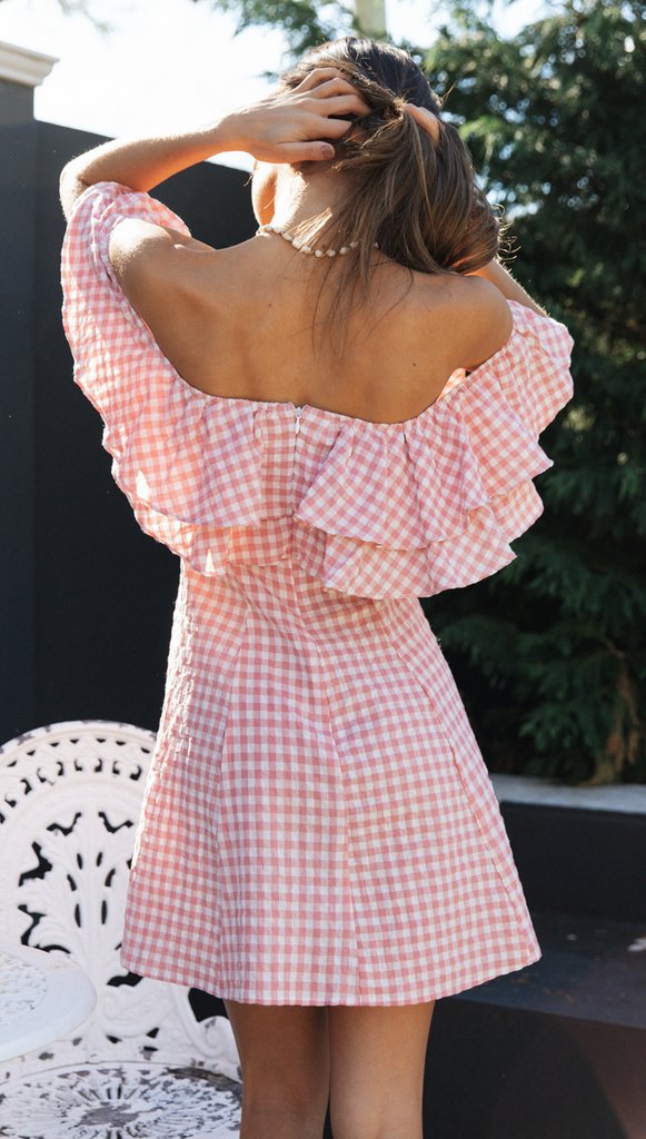 Damen Sommerkleid Schulterfrei Rüschen Karomuster