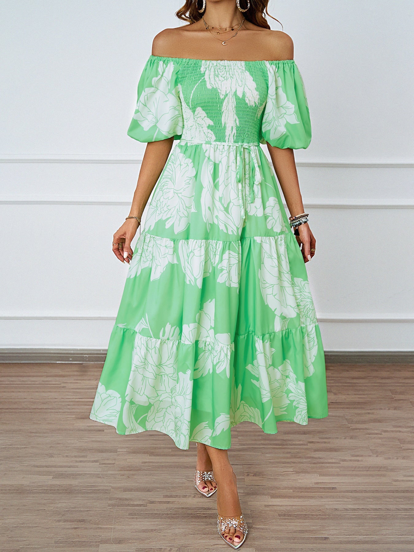 Damen Maxikleid Off-Shoulder Voluminöse Ärmel Floral-Print