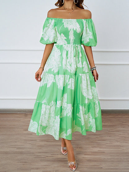 Damen Maxikleid Off-Shoulder Voluminöse Ärmel Floral-Print