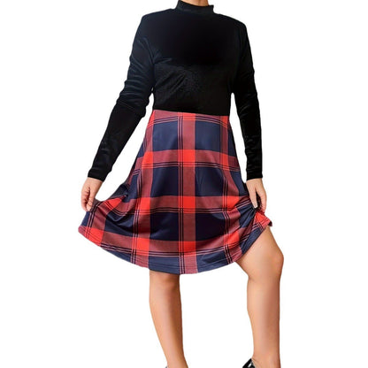 Damen Kleid Karomuster Hochgeschlossen Fließender Rock Eveloria