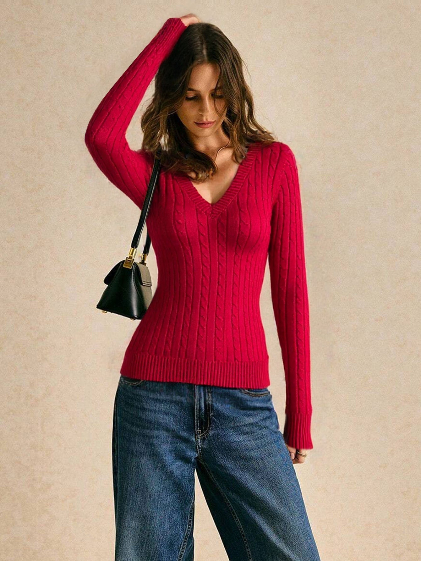 Damen Strickpullover V-Ausschnitt Rippmuster Eveloria