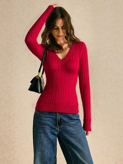 Damen Strickpullover V-Ausschnitt Rippmuster Eveloria
