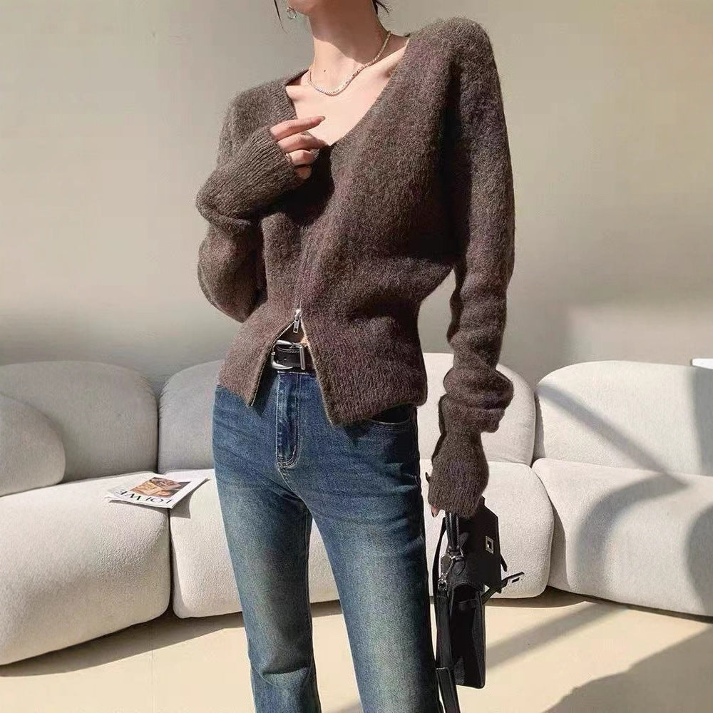 Damen Strickjacke V-Ausschnitt Reißverschluss Eveloria - Eveloria
