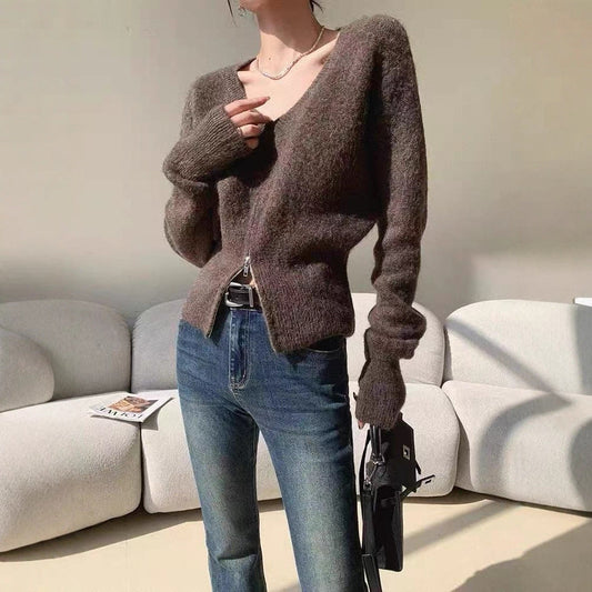Damen Strickjacke V-Ausschnitt Reißverschluss Eveloria - Eveloria