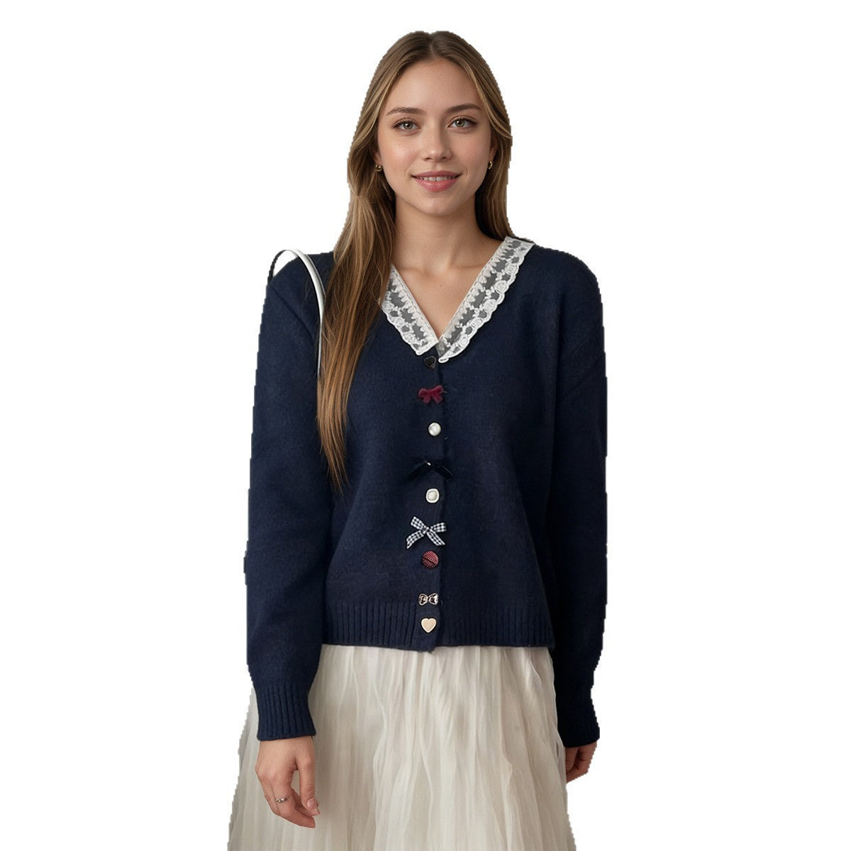 Damen Strickcardigan Rüschen Knöpfe Beige