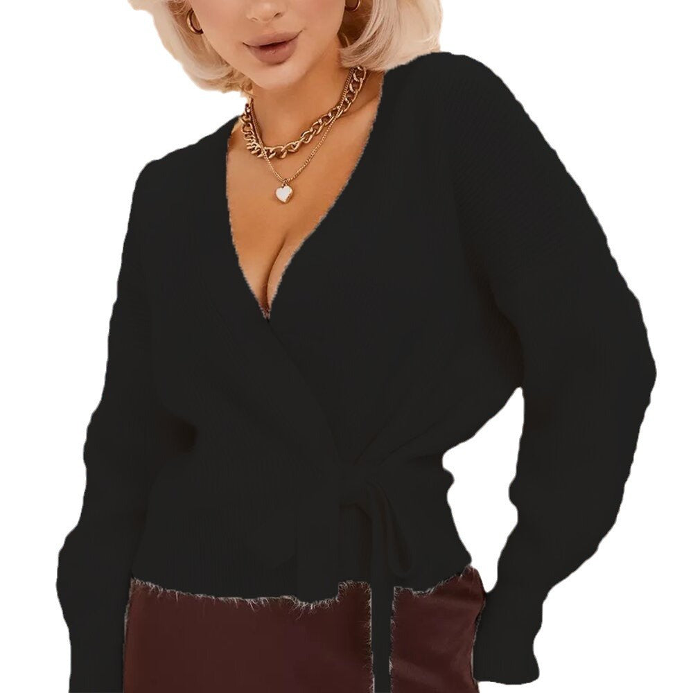 Damen Wickelcardigan Softstrick V-Ausschnitt Bindegürtel Beige