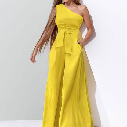 Damen One-Shoulder Jumpsuit Taillengürtel Weite Beine Eveloria