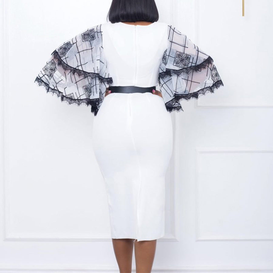 Damen Etuikleid Spitzenärmel Gürtel Elegant Eveloria