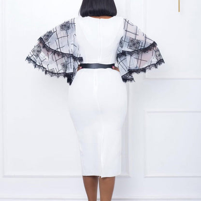 Damen Etuikleid Spitzenärmel Gürtel Elegant Eveloria