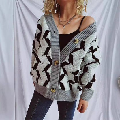 Eveloria Damen Strickjacke Geometrisches Muster Elegante Knöpfe - Eveloria