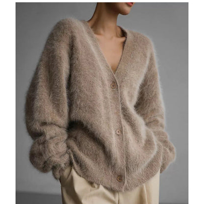 Damen Cardigan Mohair-Mix Knopfverschluss Beige